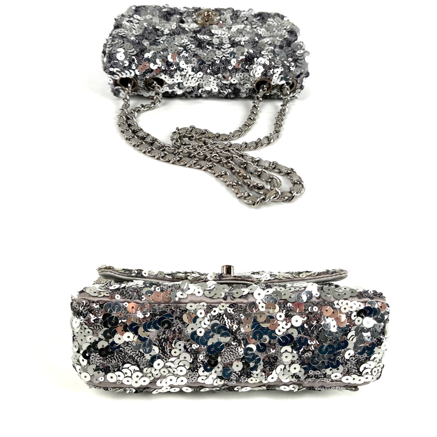 CHANEL Classic Rectangular Mini Sequin Silver Single Flap Crossbody Bag