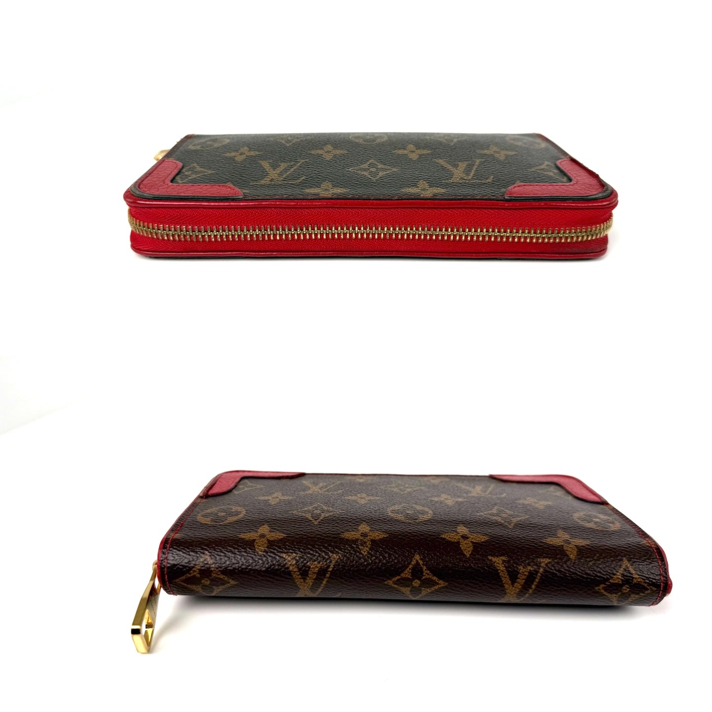 LOUIS VUITTON Retiro Monogram Coated Canvas Red Leather Zip Long Wallet