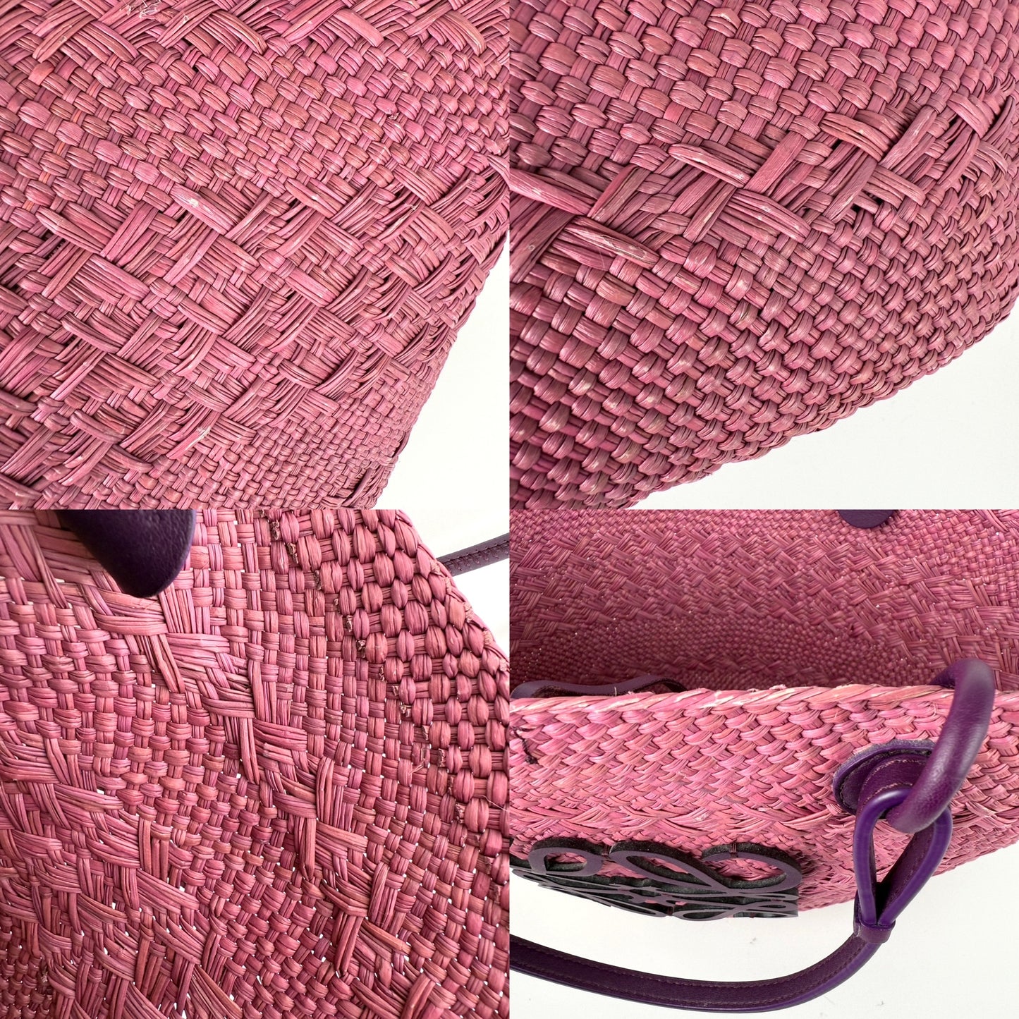 LOEWE Anagram Basket Medium Iraca Palm Leather Purple Pink Tote Bag