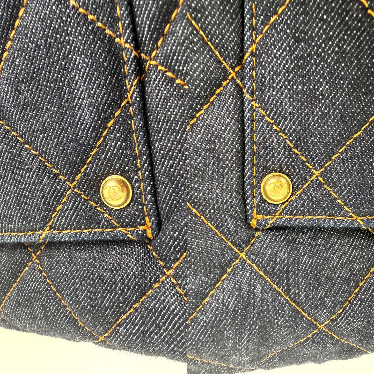 CHANEL Dark Denim Quilted XXL Travel Flap Dark Blue Orange Shoulder Crossbody Bag