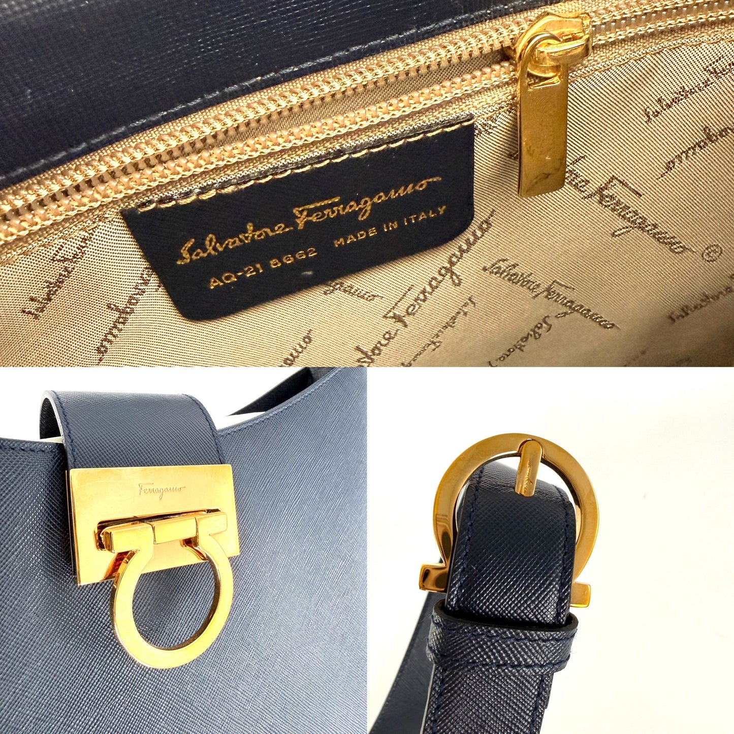 Salvatore Ferragamo Hammered Calfskin Trifolio Gancini Dark Navy Leather Shoulder Bag