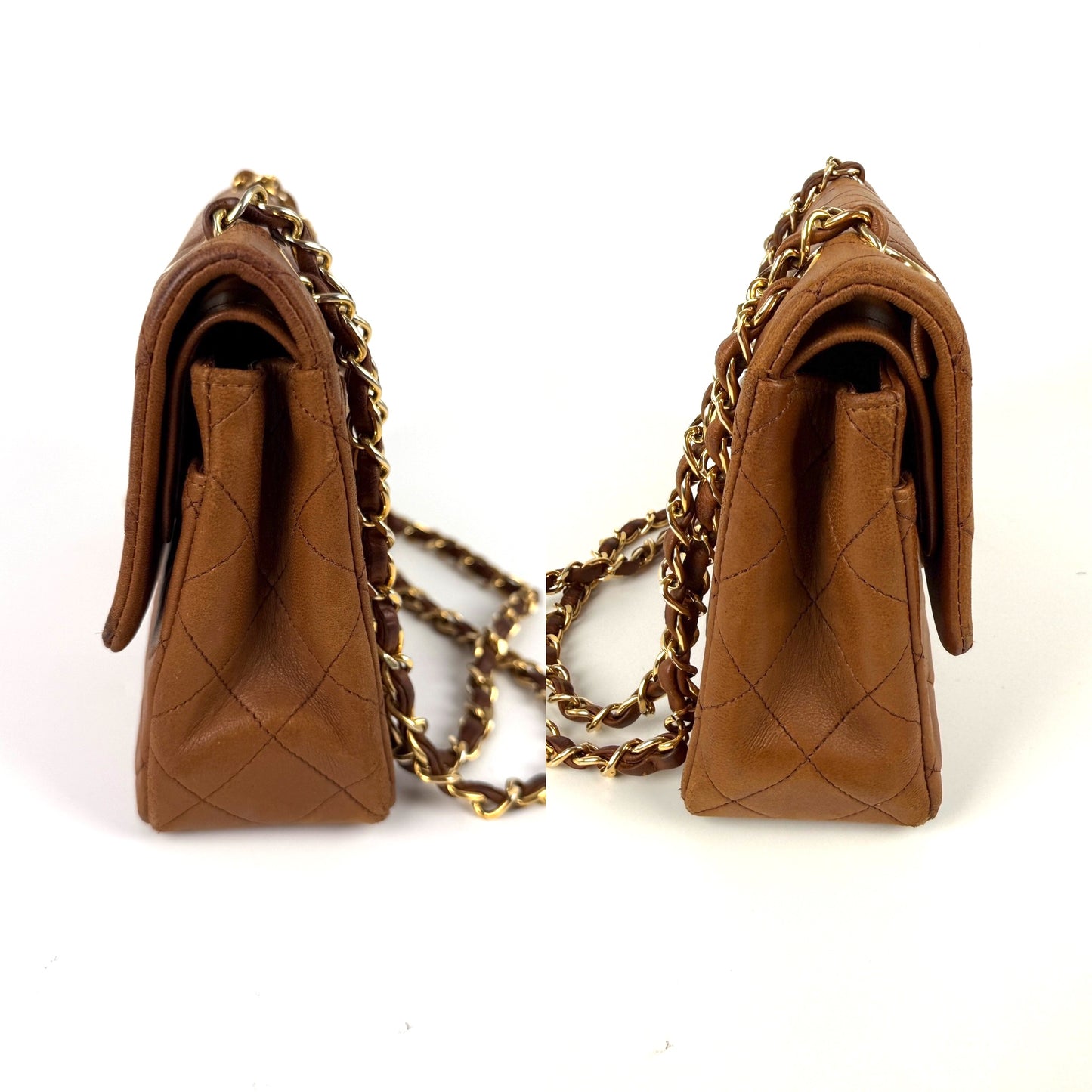 Chanel Vintage Brown Small Lambskin Quilted Leather Gold Hardware Double Flap Shoulder Bag