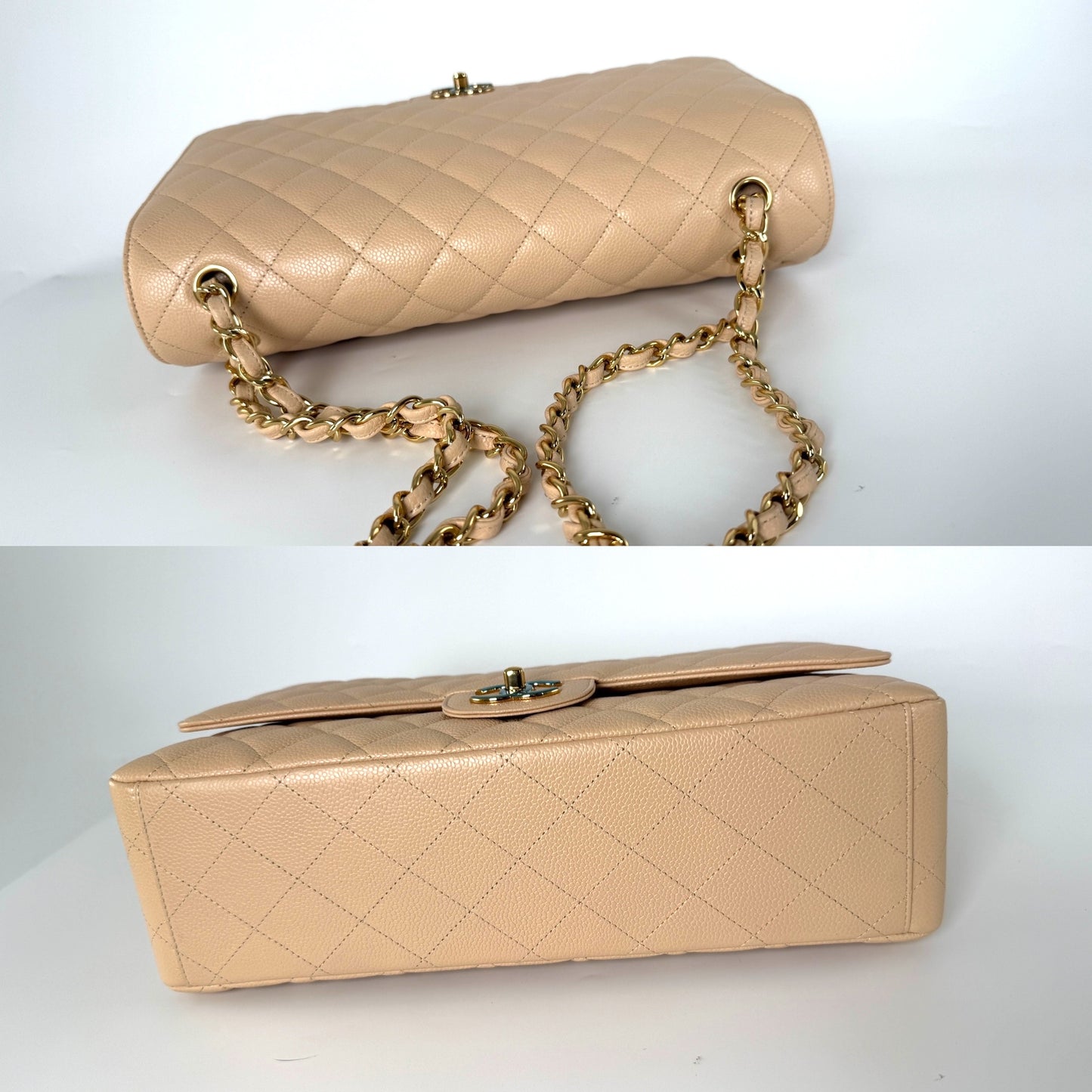 CHANEL Maxi Jumbo Beige Clair Quilted Caviar Leather Classic Flap Bag