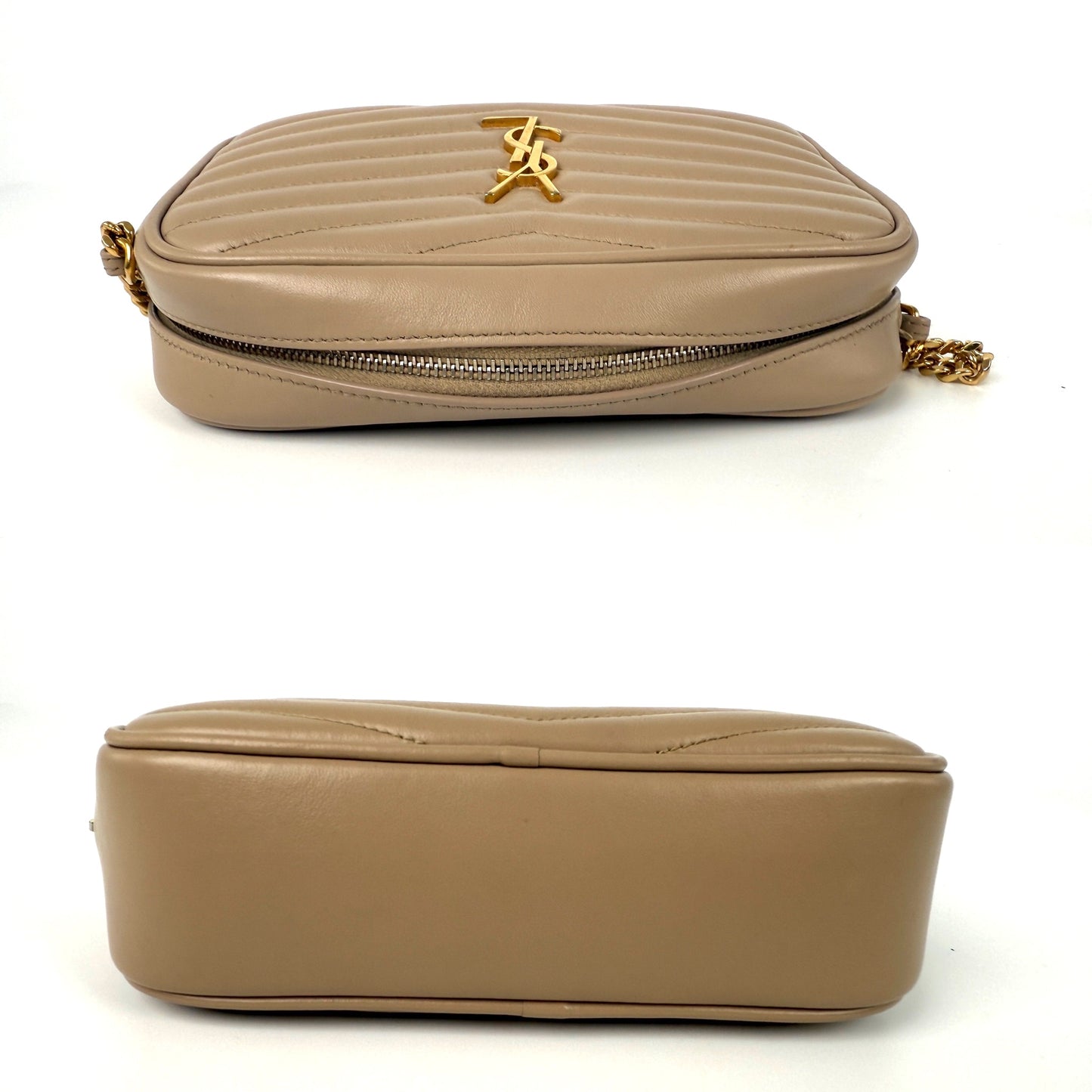 Saint Laurent Mini Lou Quilted Beige Leather Camera Chain Crossbody Bag