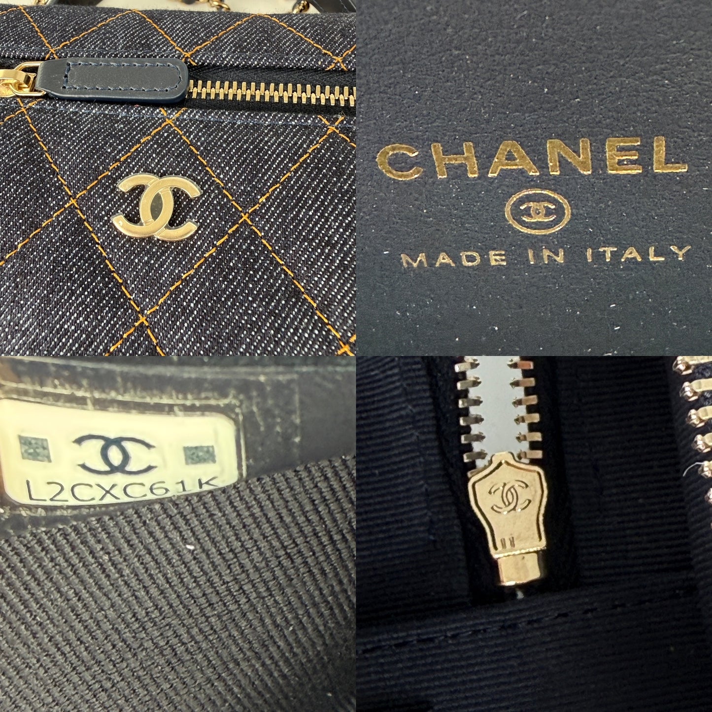 CHANEL Long Classic Vanity Dark Denim Quilted Zip Top Handle Crossbody with Chain Bag New