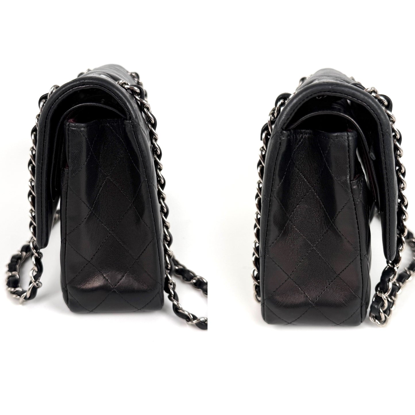 CHANEL Classic Medium Double Flap Black Quilted Leather Silver Hardware Flap Bag