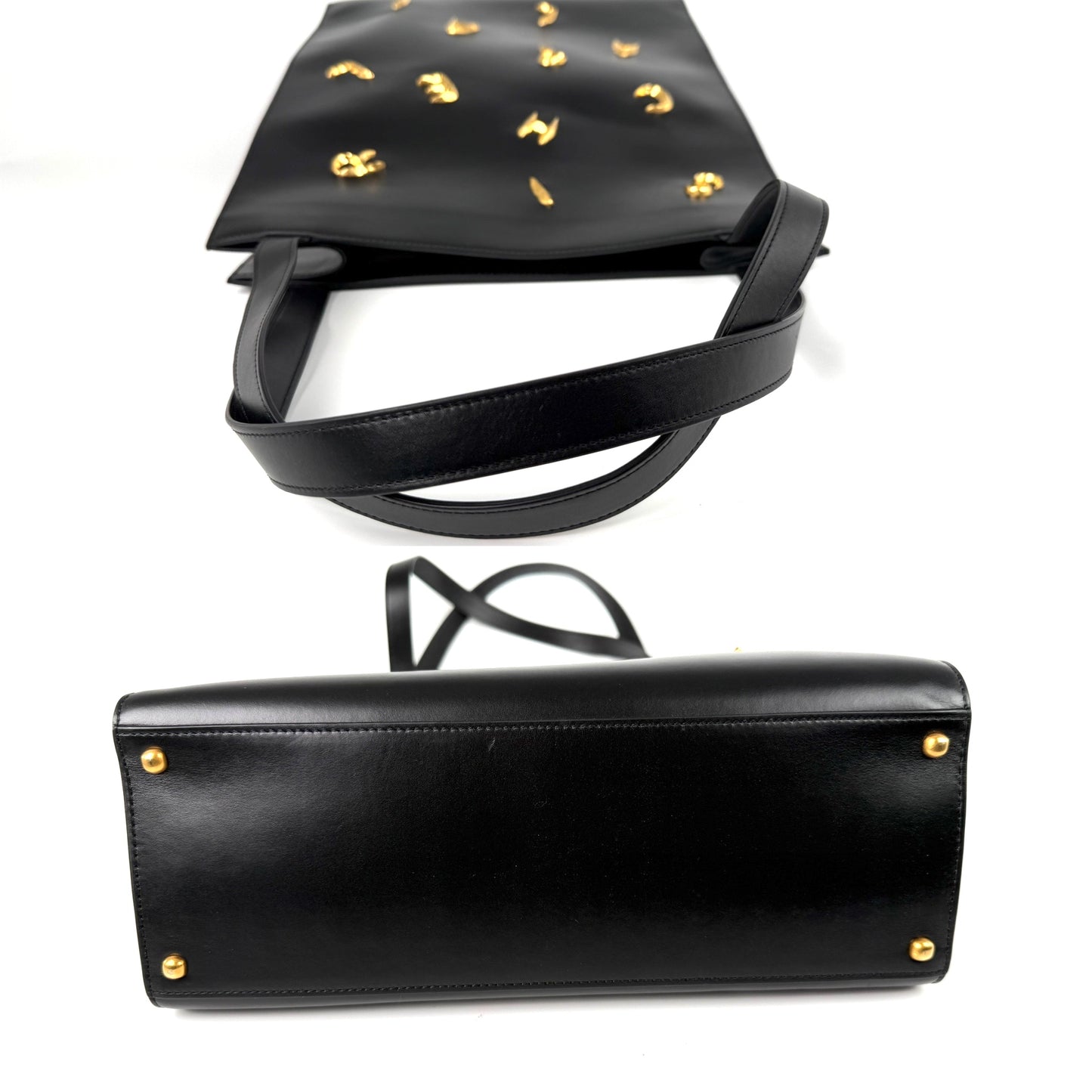 Schiaparelli Gold Plated Bijoux Embellished Black North South Leather Tote Shoulder Bag