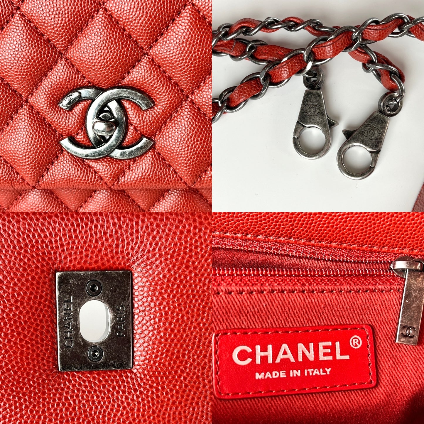 CHANEL Red Medium Coco Handle Top Handle Quilted Caviar Leather Bag