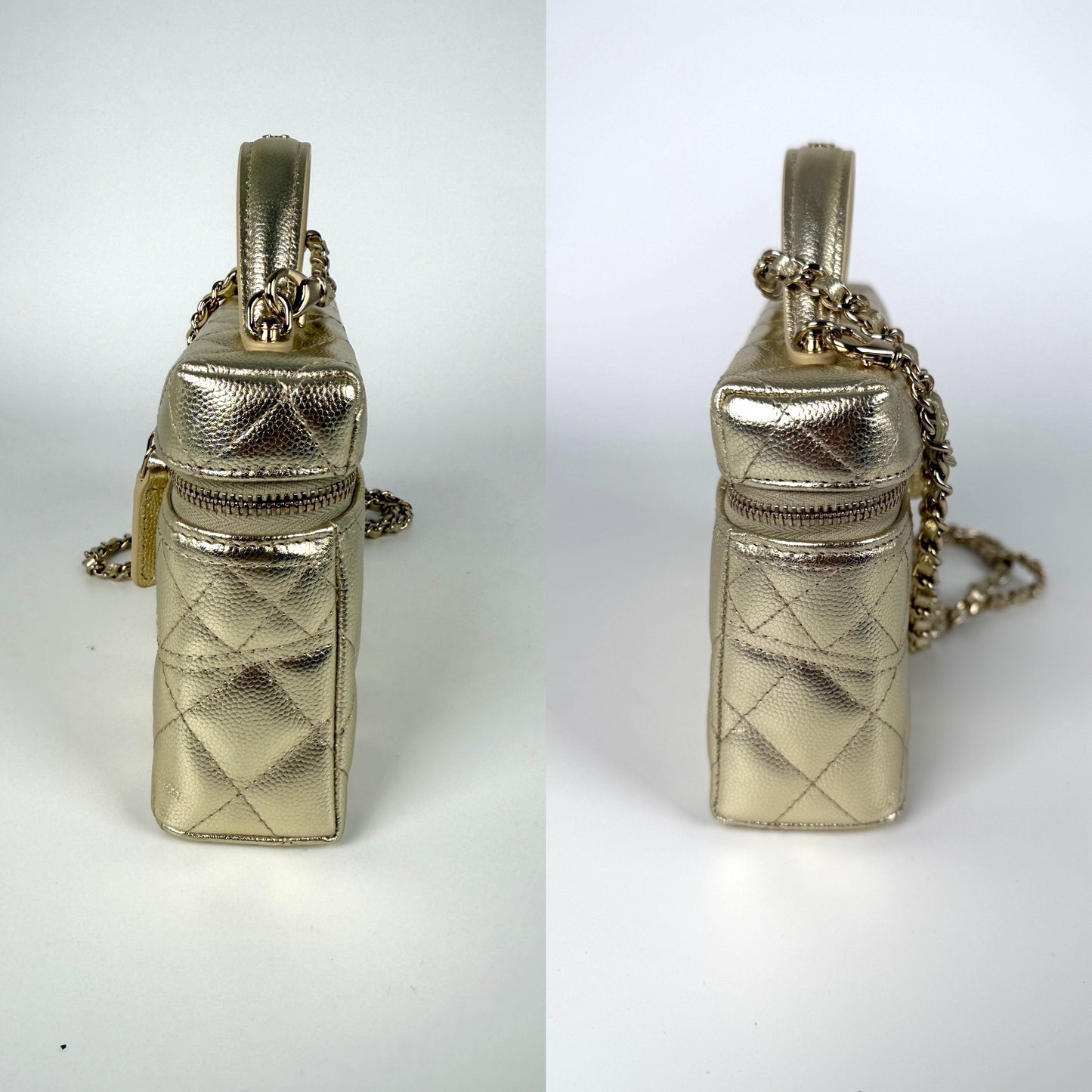 CHANEL Long Classic Vanity Light Gold Caviar Quilted Zip Top Handle Crossbody with Chain Bag New