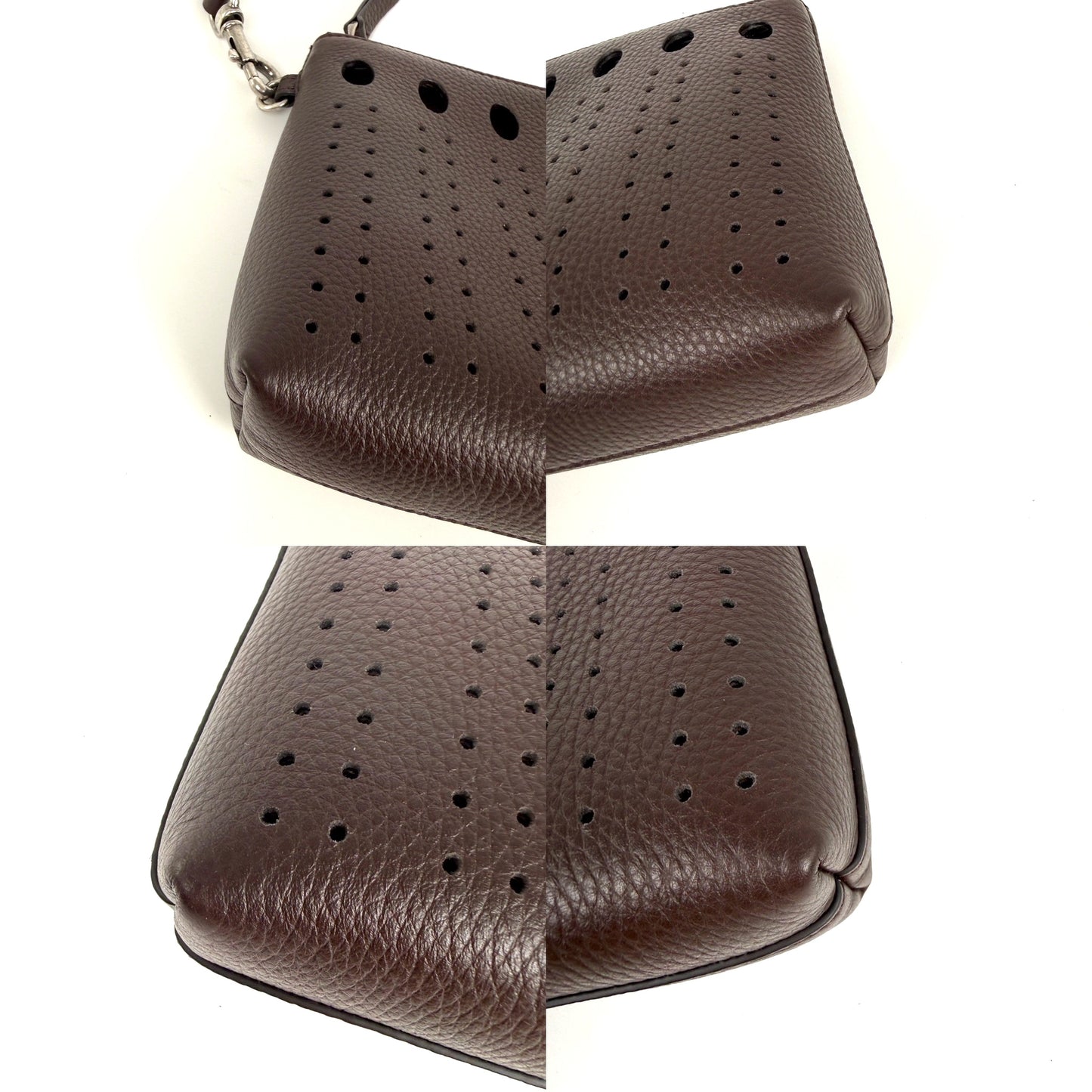Valentino Garavani VLogo Dark Brown Perforated Leather Zip Pouch Wristlet Clutch Bag New
