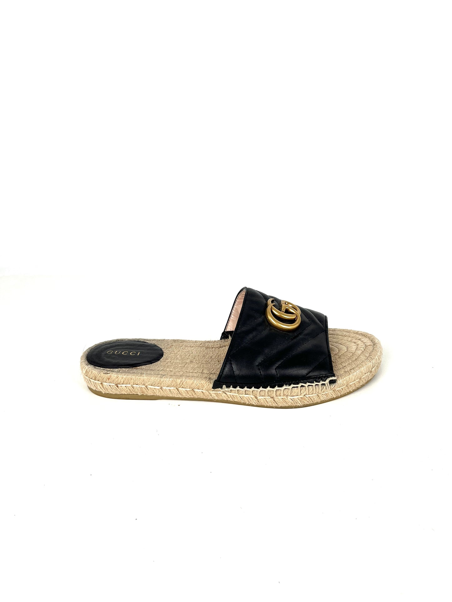 Gucci Matelasse Espadrille Black Leather GG Marmont Logo Slide Sandals 39.5, 9