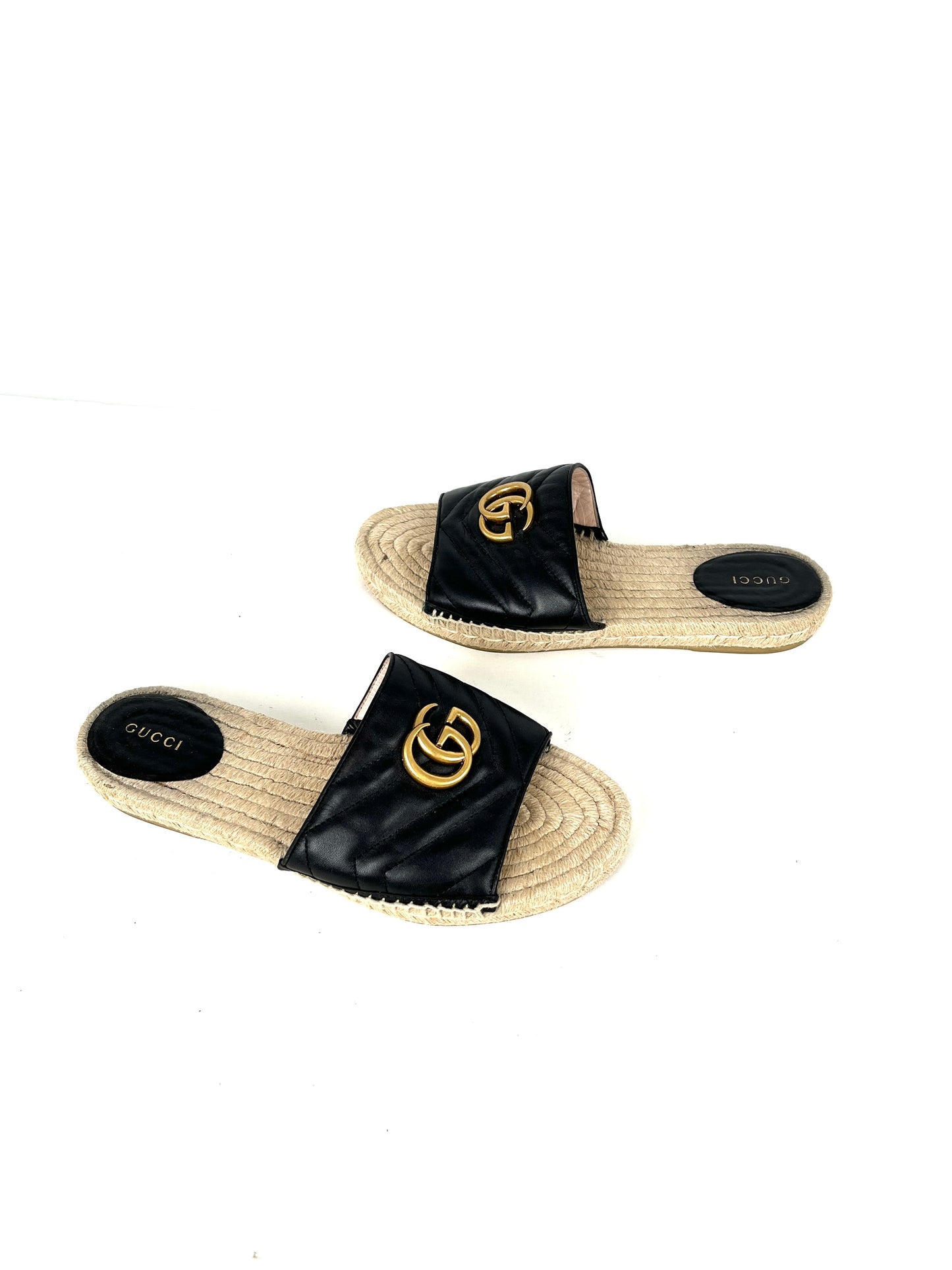 Gucci Matelasse Espadrille Black Leather GG Marmont Logo Slide Sandals 39.5, 9