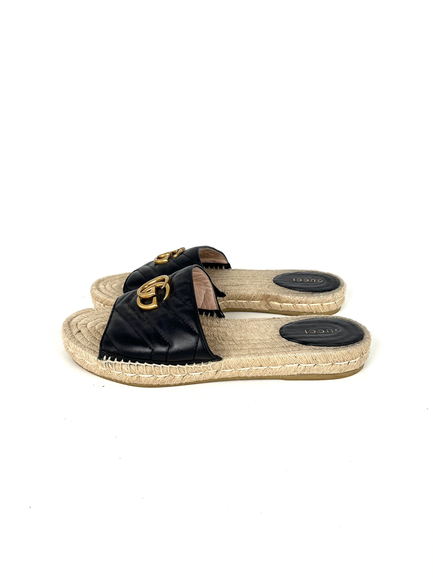 Gucci Matelasse Espadrille Black Leather GG Marmont Logo Slide Sandals 39.5, 9