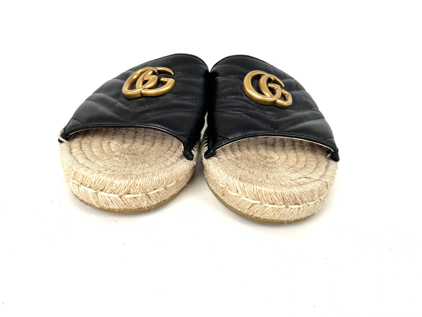 Gucci Matelasse Espadrille Black Leather GG Marmont Logo Slide Sandals 39.5, 9