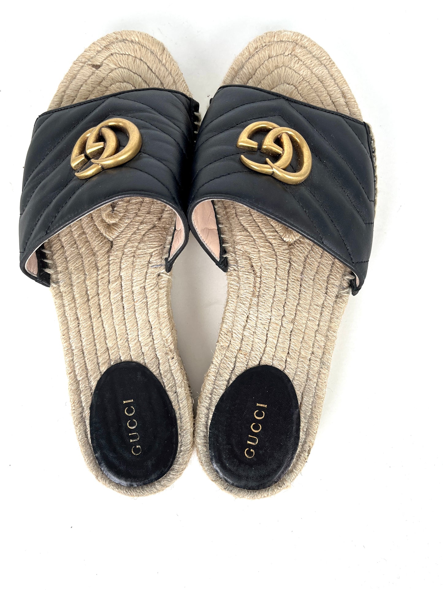 Gucci Matelasse Espadrille Black Leather GG Marmont Logo Slide Sandals 39.5, 9