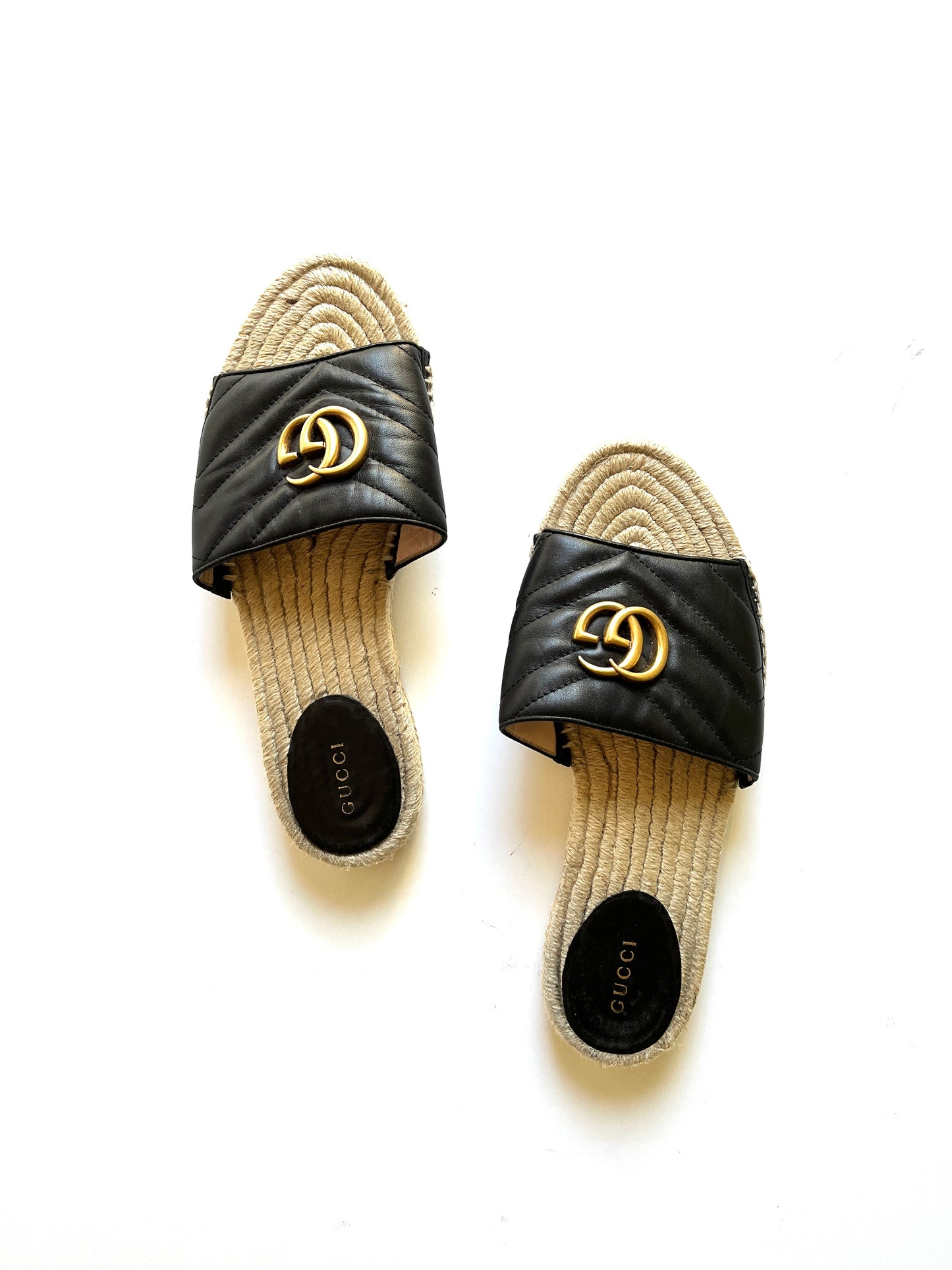 Gucci Matelasse Espadrille Black Leather GG Marmont Logo Slide Sandals 39.5, 9