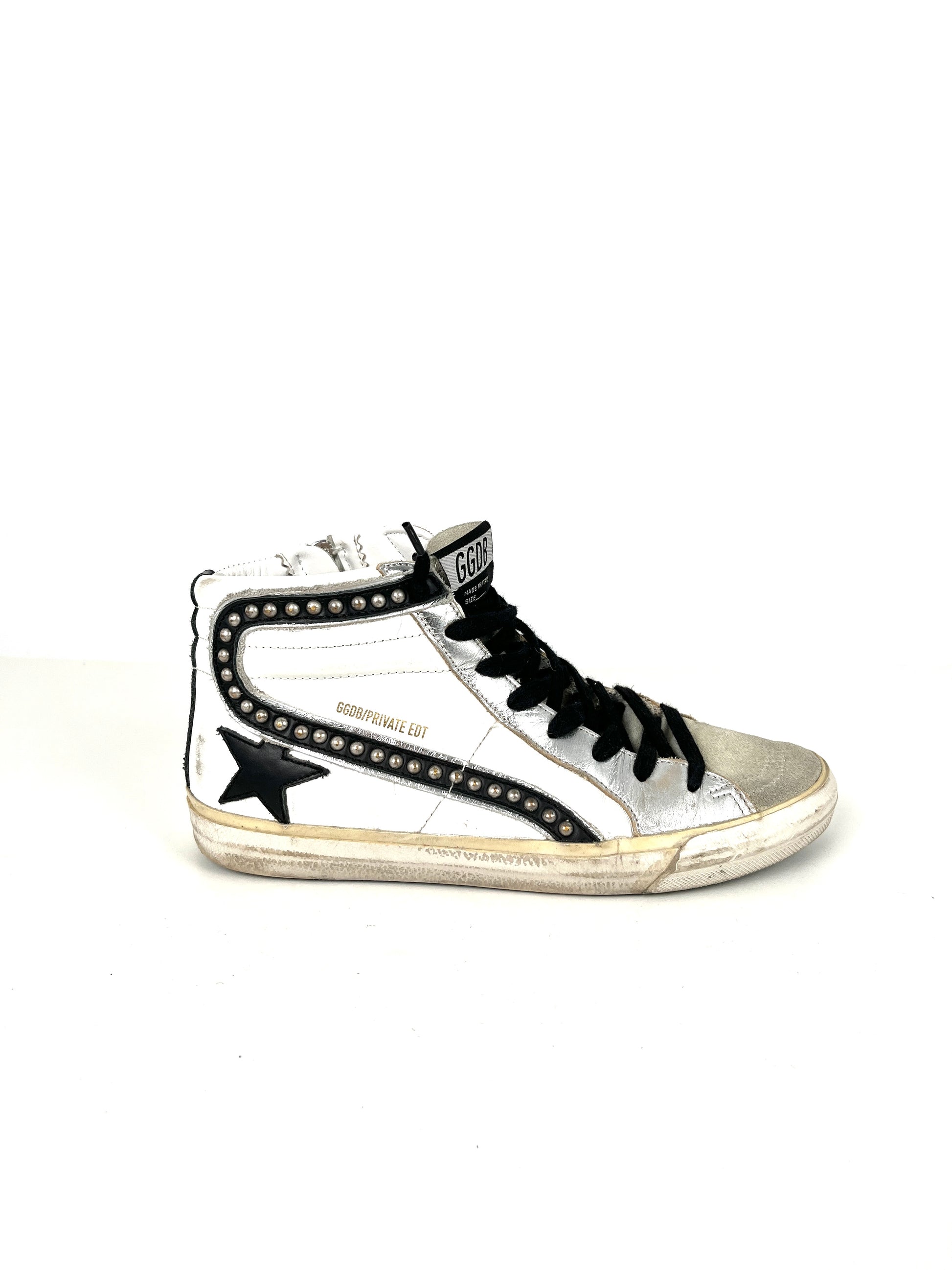 Golden Goose Slide Private Edition White Black Studded Leather High Top Sneakers 39