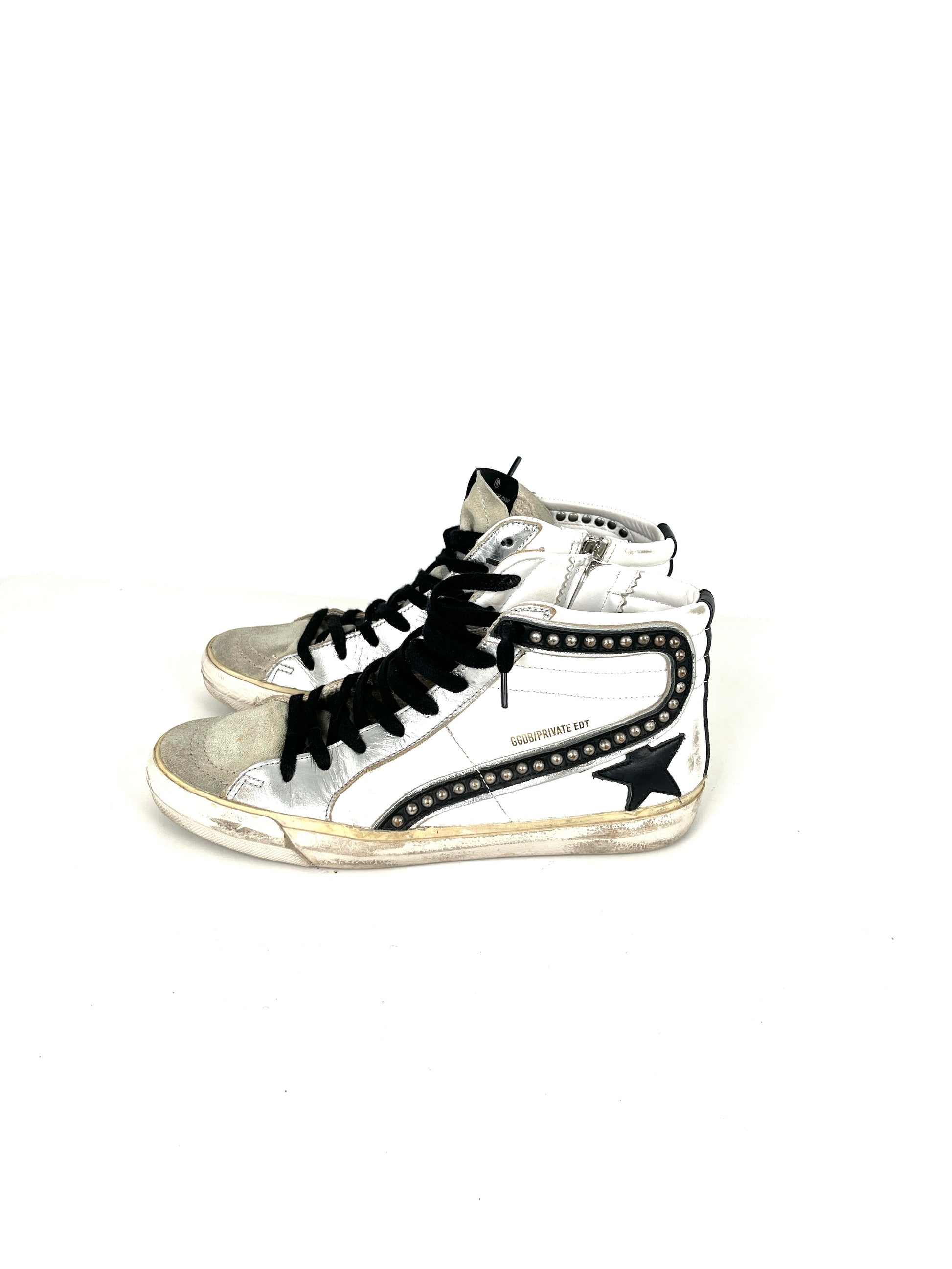 Golden Goose Slide Private Edition White Black Studded Leather High Top Sneakers 39