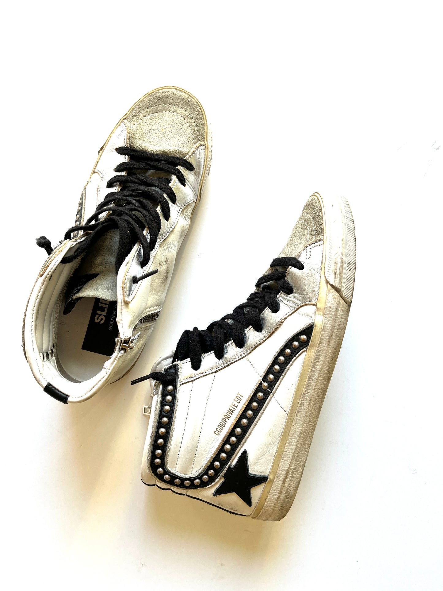 Golden Goose Slide Private Edition White Black Studded Leather High Top Sneakers 39