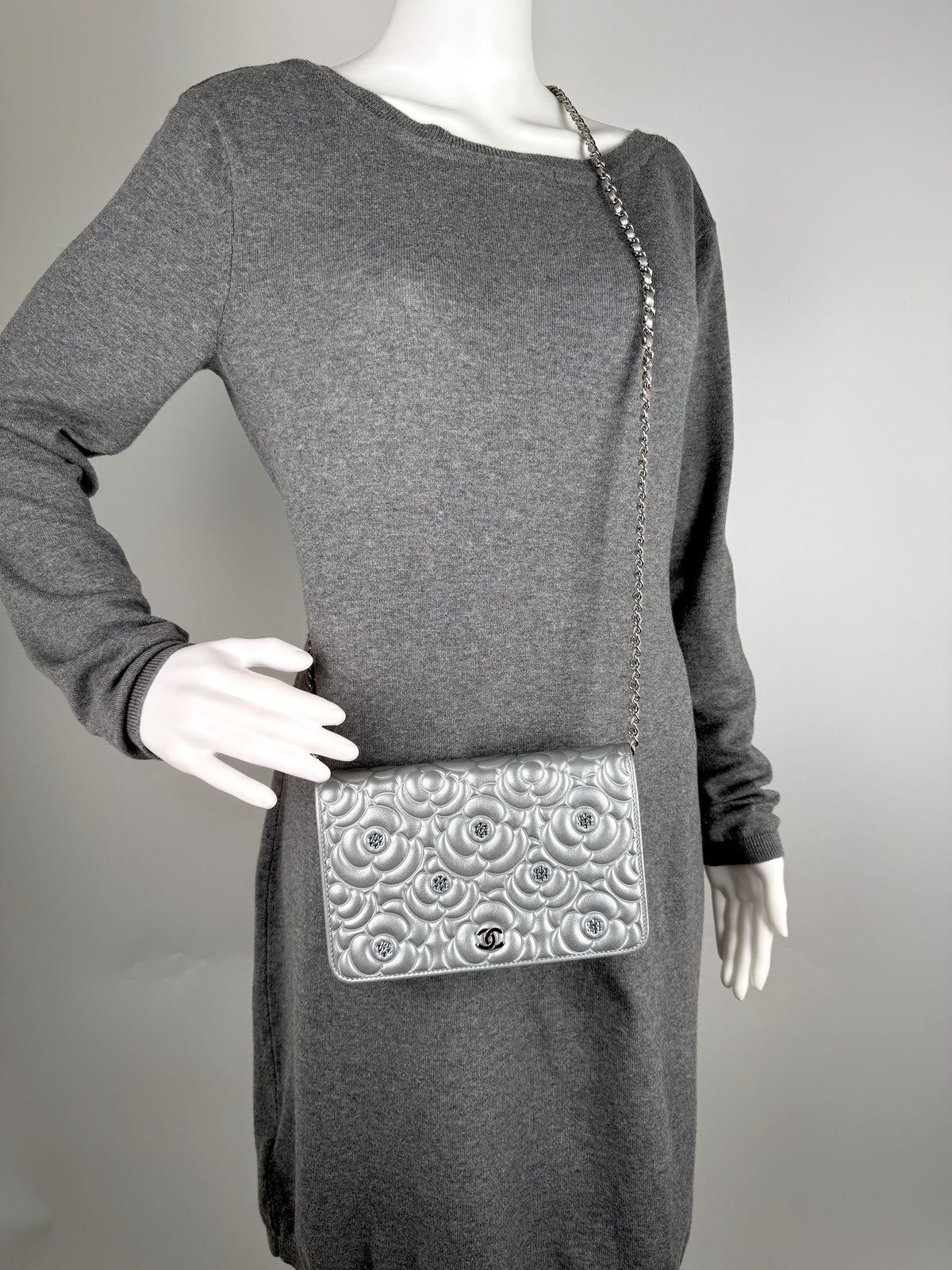 CHANEL Silver Crystal Camelia Embossed Wallet on Chain WOC Crossbody Bag
