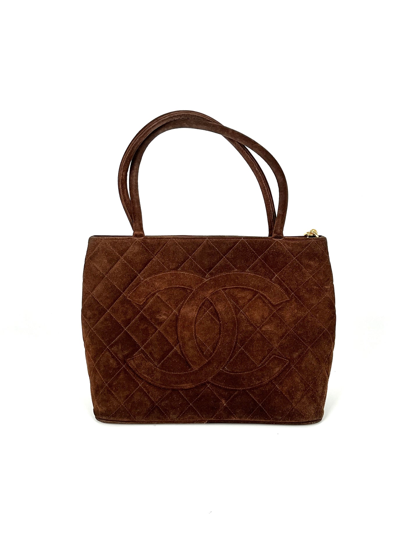 Vintage Chanel CC Timeless Medallion Suede Brown Tote