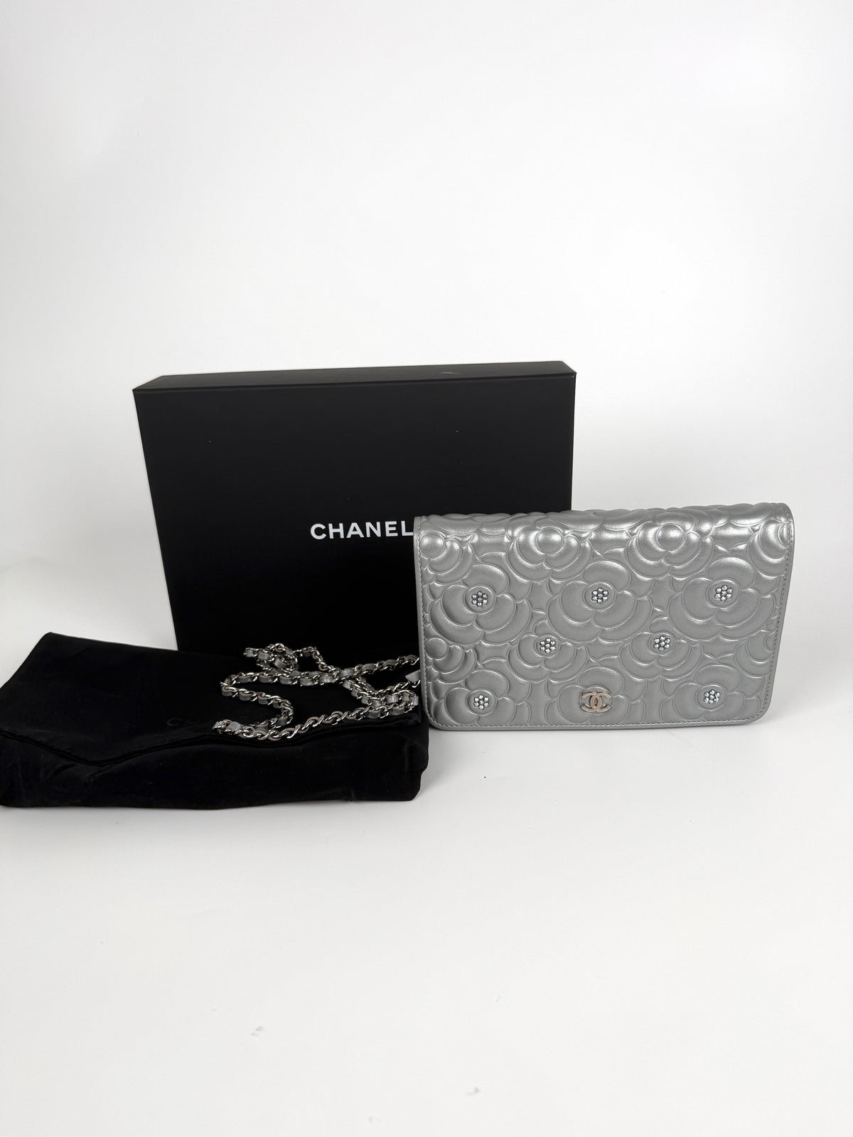CHANEL Silver Crystal Camelia Embossed Wallet on Chain WOC Crossbody Bag