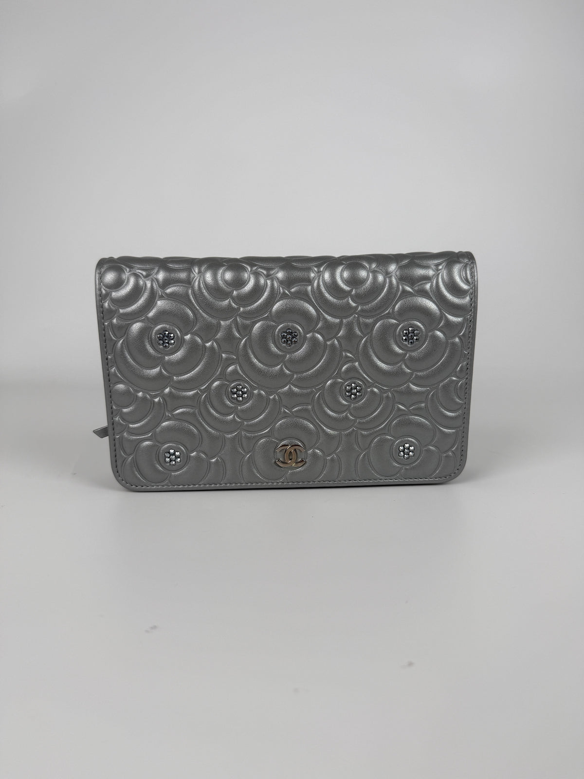 CHANEL Silver Crystal Camelia Embossed Wallet on Chain WOC Crossbody Bag