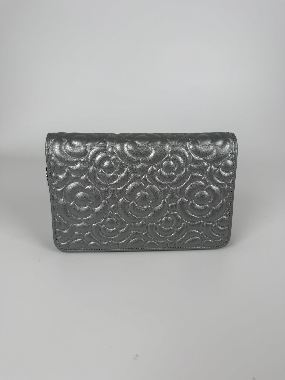 CHANEL Silver Crystal Camelia Embossed Wallet on Chain WOC Crossbody Bag