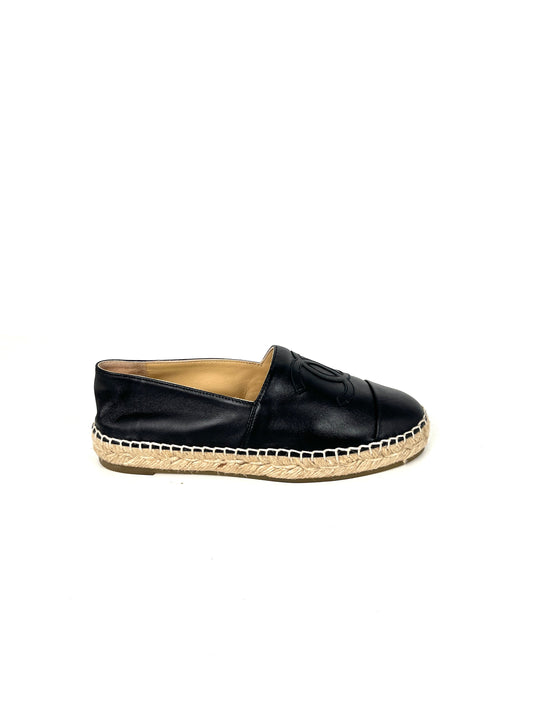 CHANEL Black Leather CC Logo Espadrilles Flats 37 7