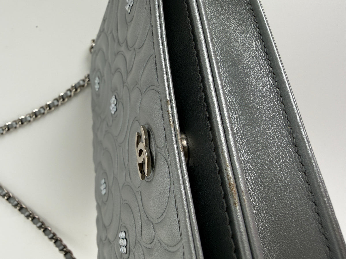CHANEL Silver Crystal Camelia Embossed Wallet on Chain WOC Crossbody Bag