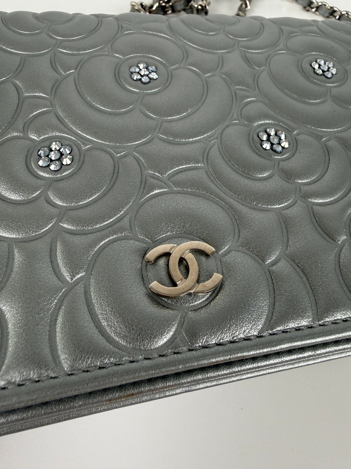 CHANEL Silver Crystal Camelia Embossed Wallet on Chain WOC Crossbody Bag