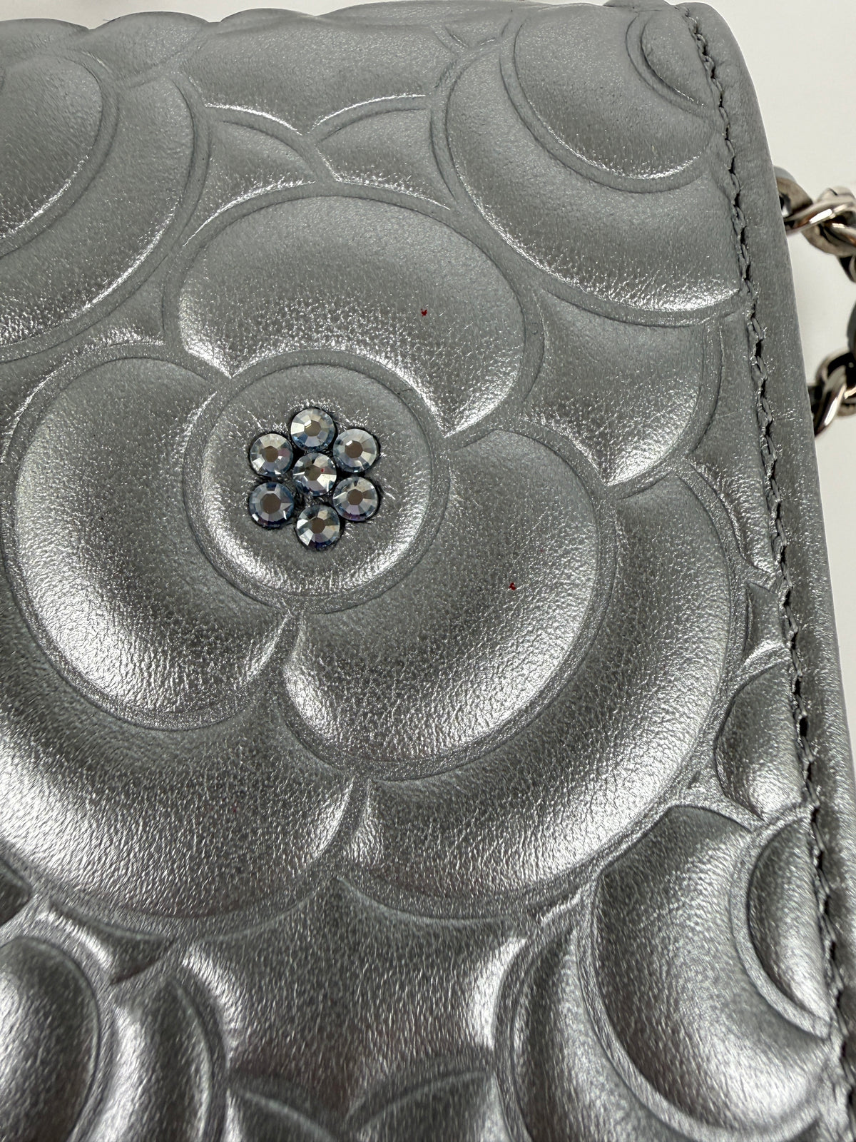 CHANEL Silver Crystal Camelia Embossed Wallet on Chain WOC Crossbody Bag