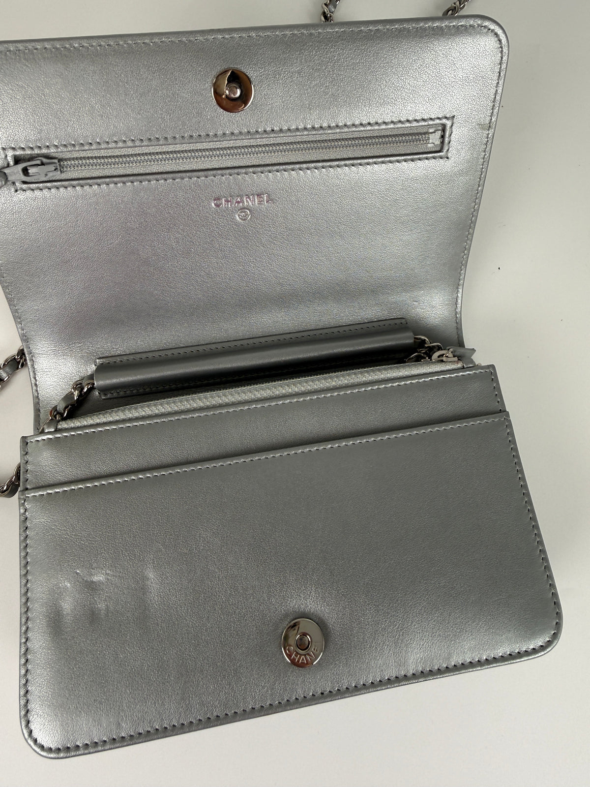 CHANEL Silver Crystal Camelia Embossed Wallet on Chain WOC Crossbody Bag