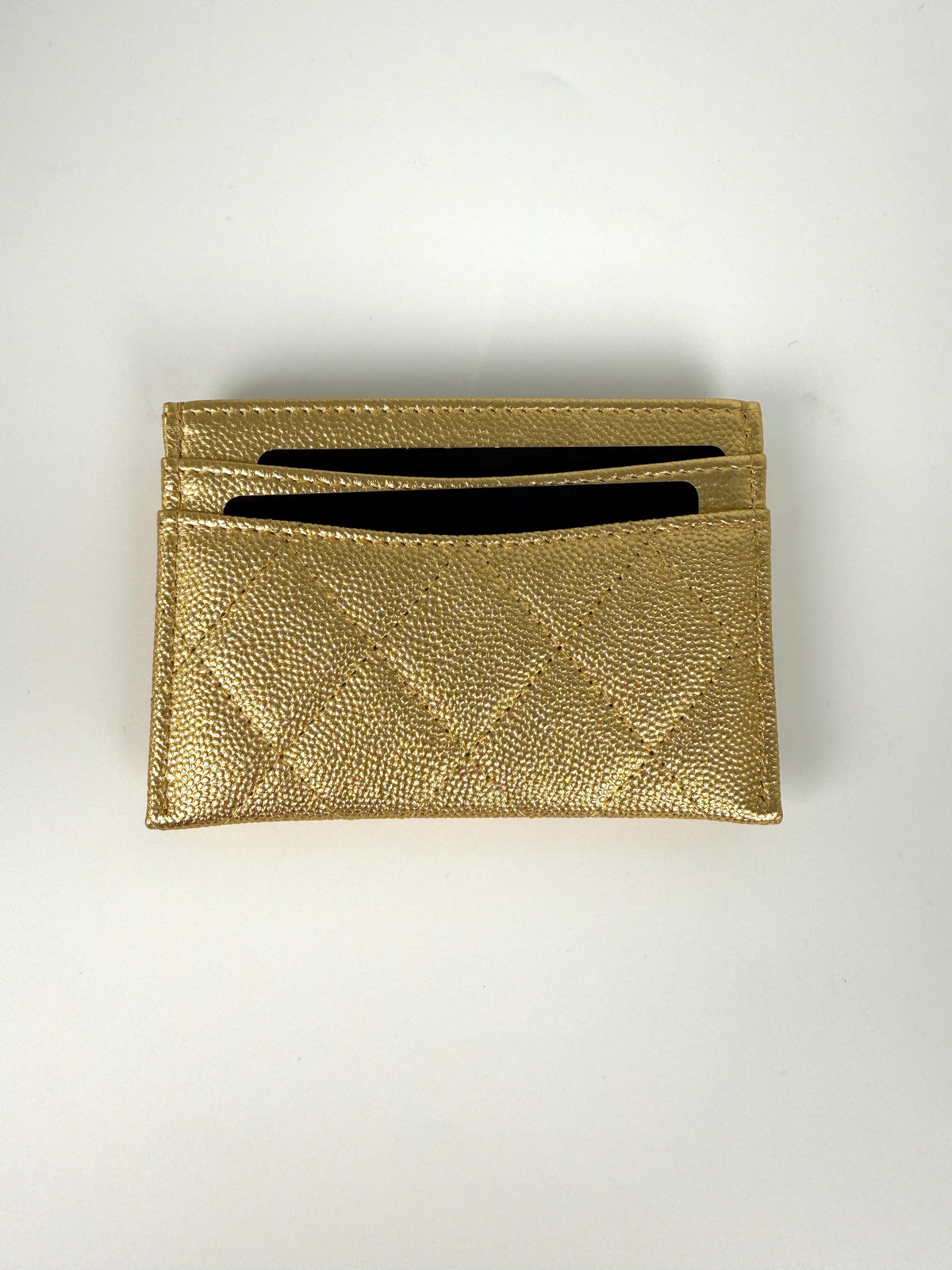 CHANEL Gold Metallic Quilted Caviar Leather 2026 Slim Card Holder Case New