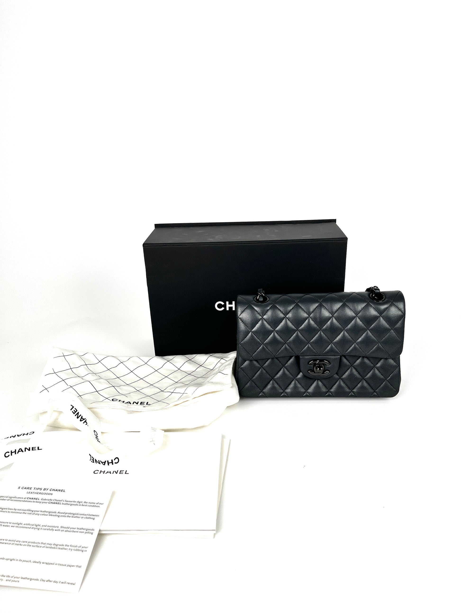 CHANEL Charcoal So Black Lambskin Small Double Flap Quilted Shoulder Bag
