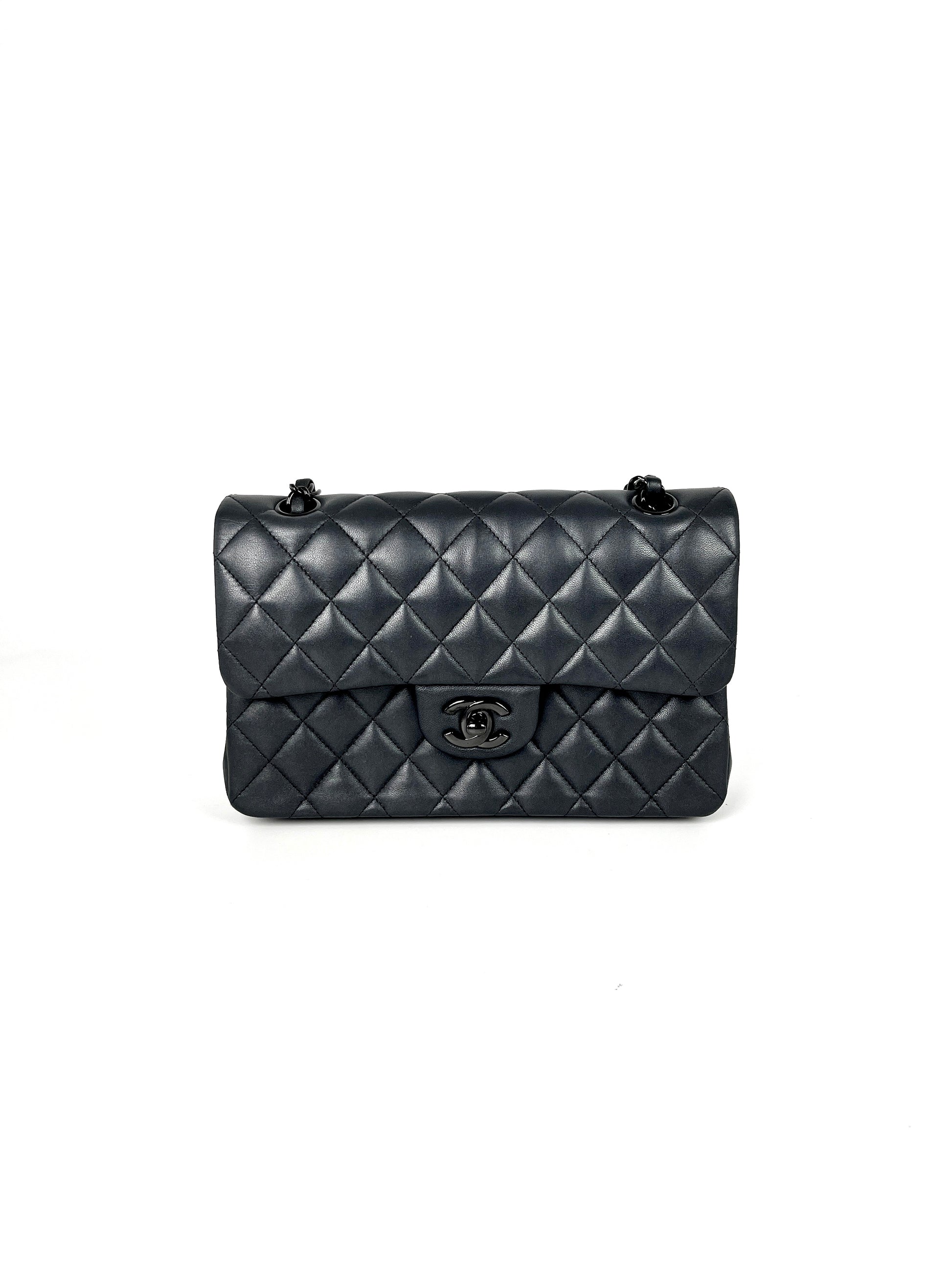 CHANEL Charcoal So Black Lambskin Small Double Flap Quilted Shoulder Bag
