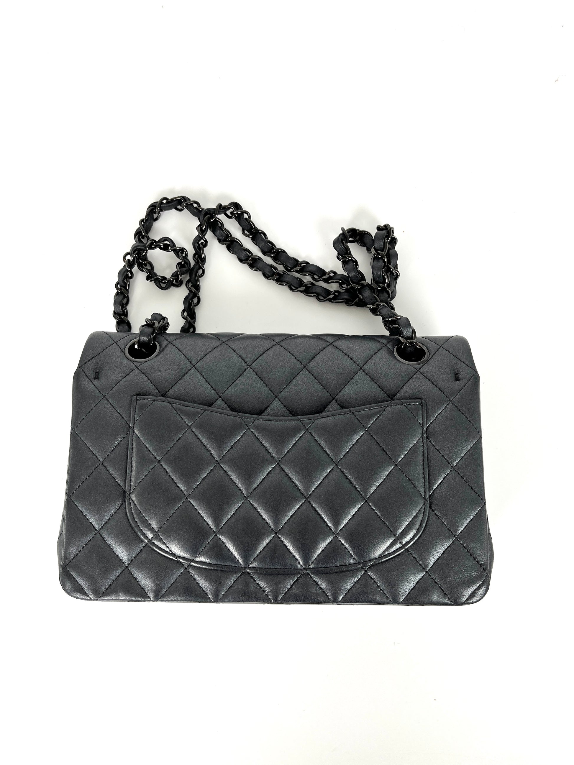 CHANEL Charcoal So Black Lambskin Small Double Flap Quilted Shoulder Bag
