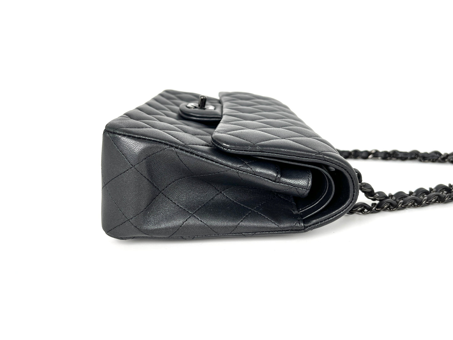 CHANEL Charcoal So Black Lambskin Small Double Flap Quilted Shoulder Bag