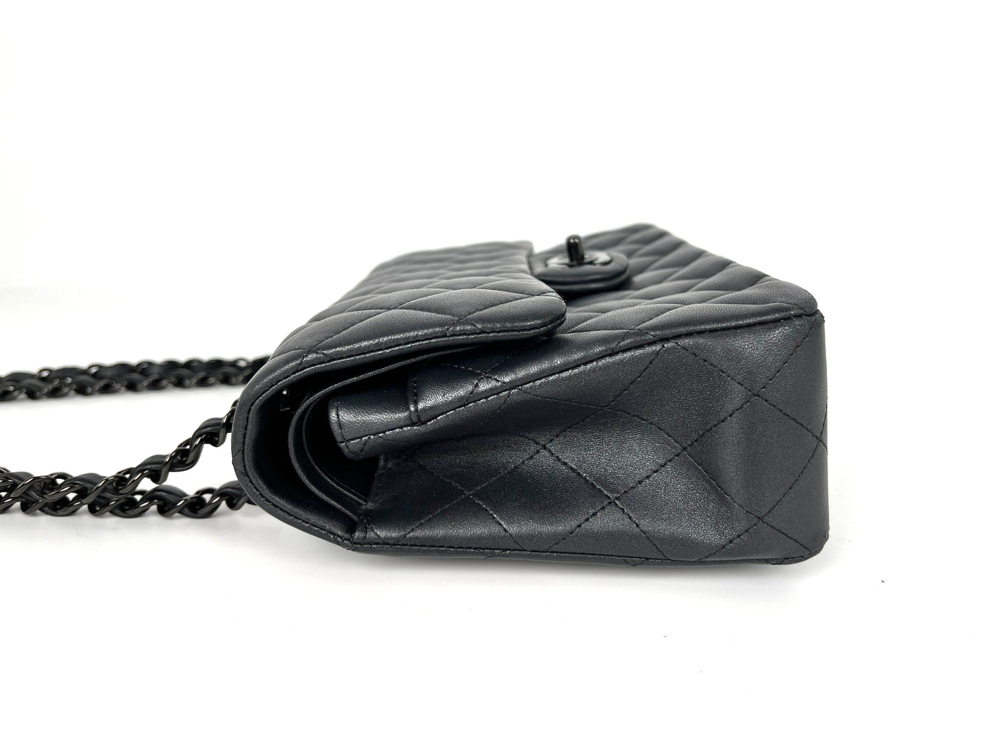 CHANEL Charcoal So Black Lambskin Small Double Flap Quilted Shoulder Bag