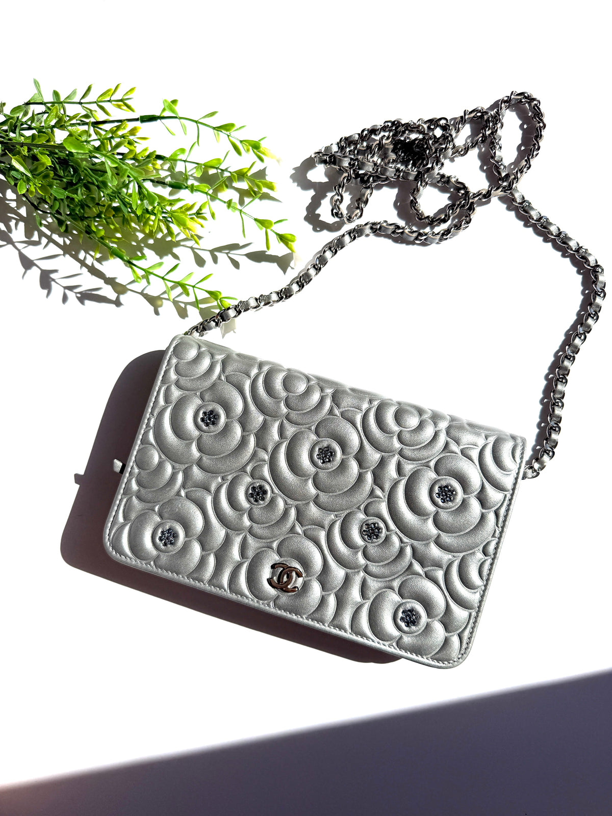 CHANEL Silver Crystal Camelia Embossed Wallet on Chain WOC Crossbody Bag