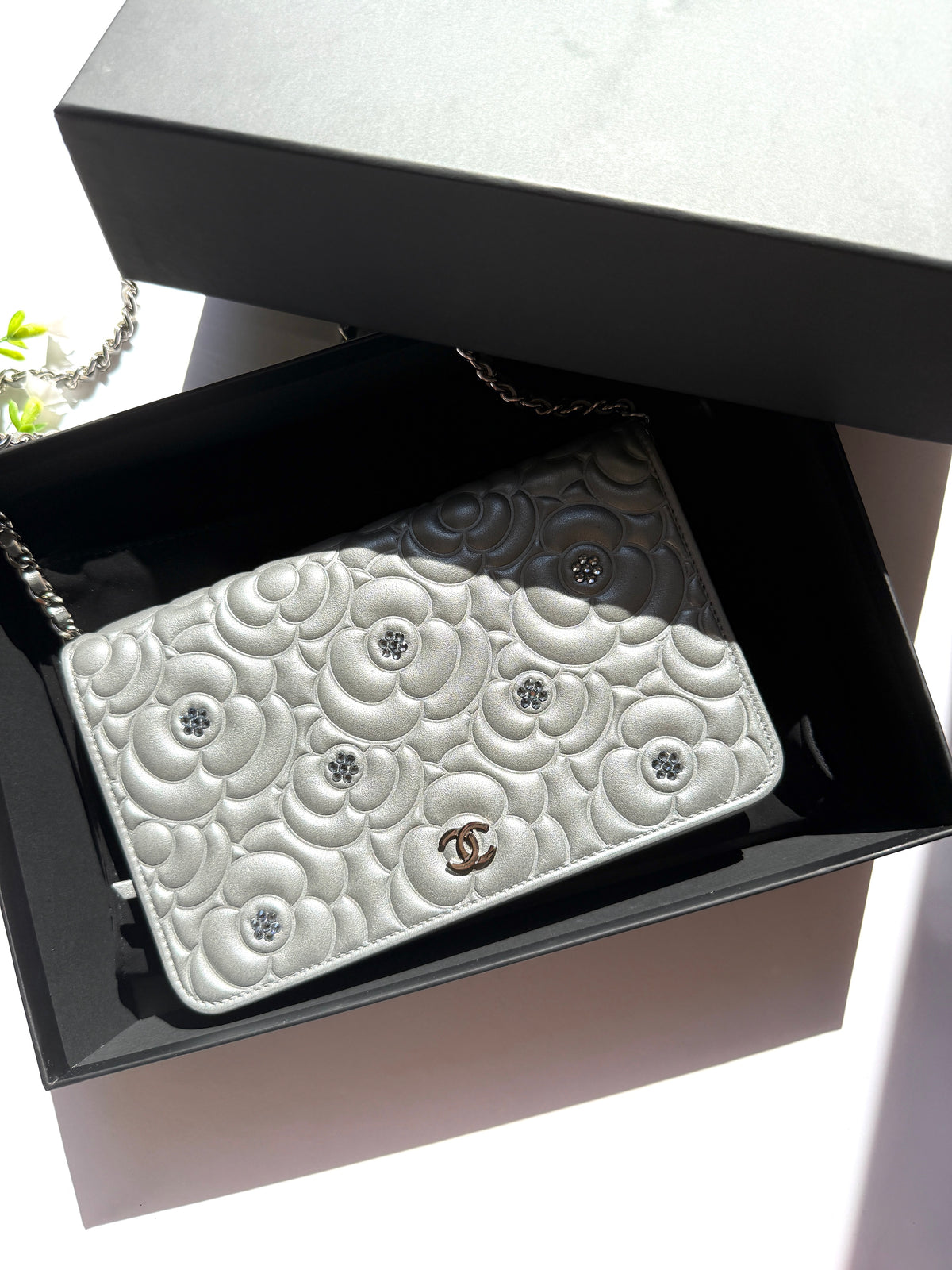 CHANEL Silver Crystal Camelia Embossed Wallet on Chain WOC Crossbody Bag