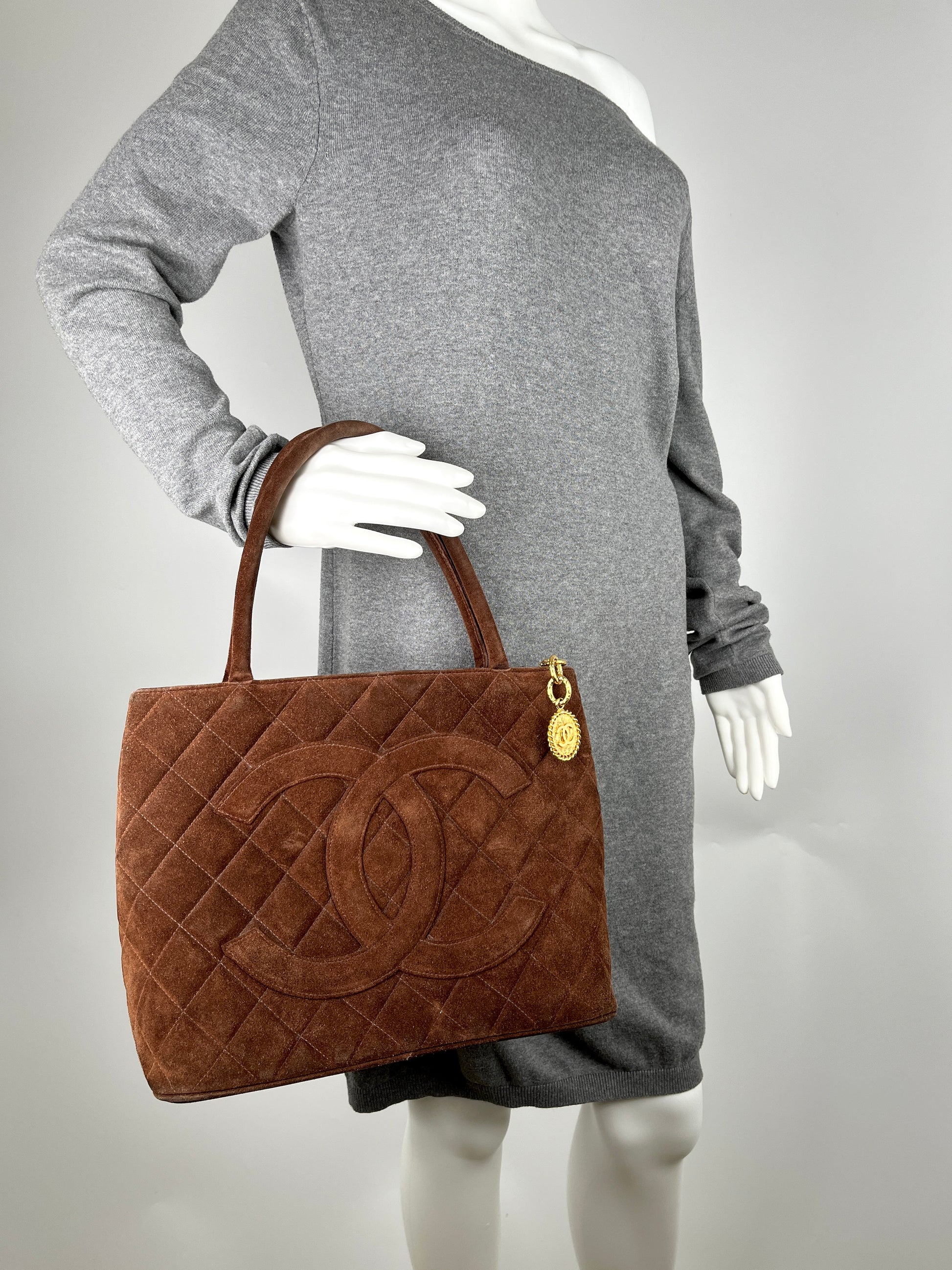 Vintage Chanel CC Timeless Medallion Suede Brown Tote