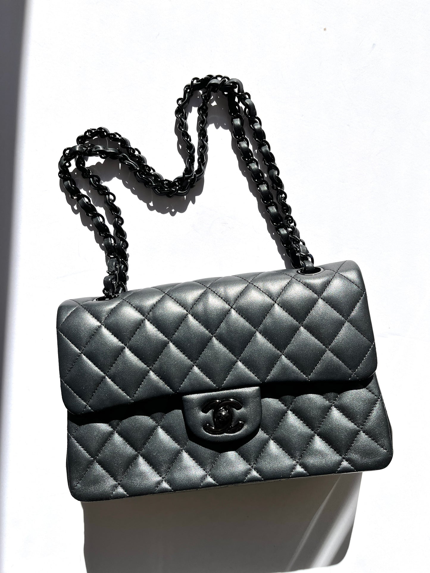 CHANEL Charcoal So Black Lambskin Small Double Flap Quilted Shoulder Bag
