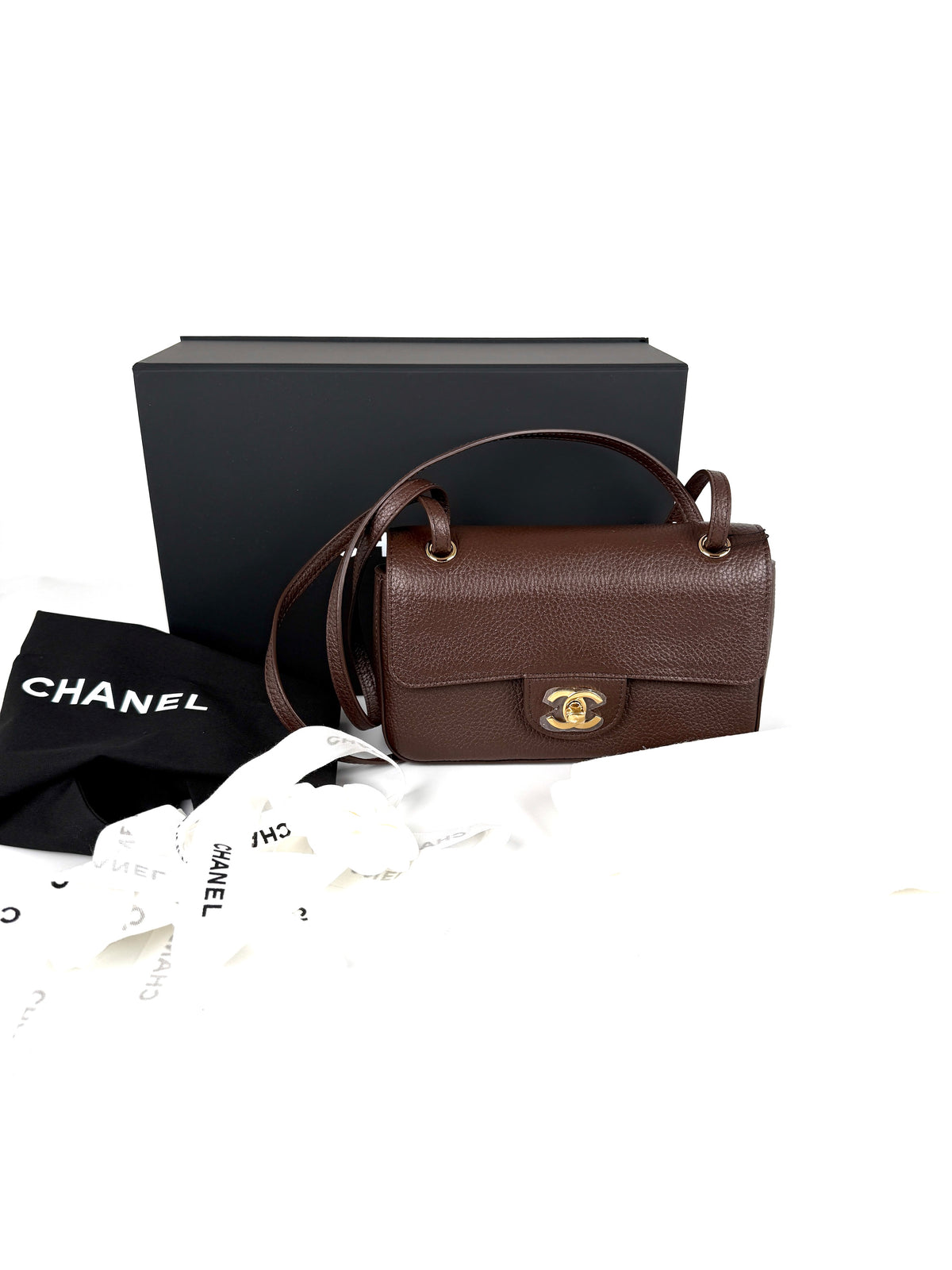 CHANEL Mini Souplissimo Flap Bag Brown Grained Calfskin Leather Gold Hardware Crossbody Bag