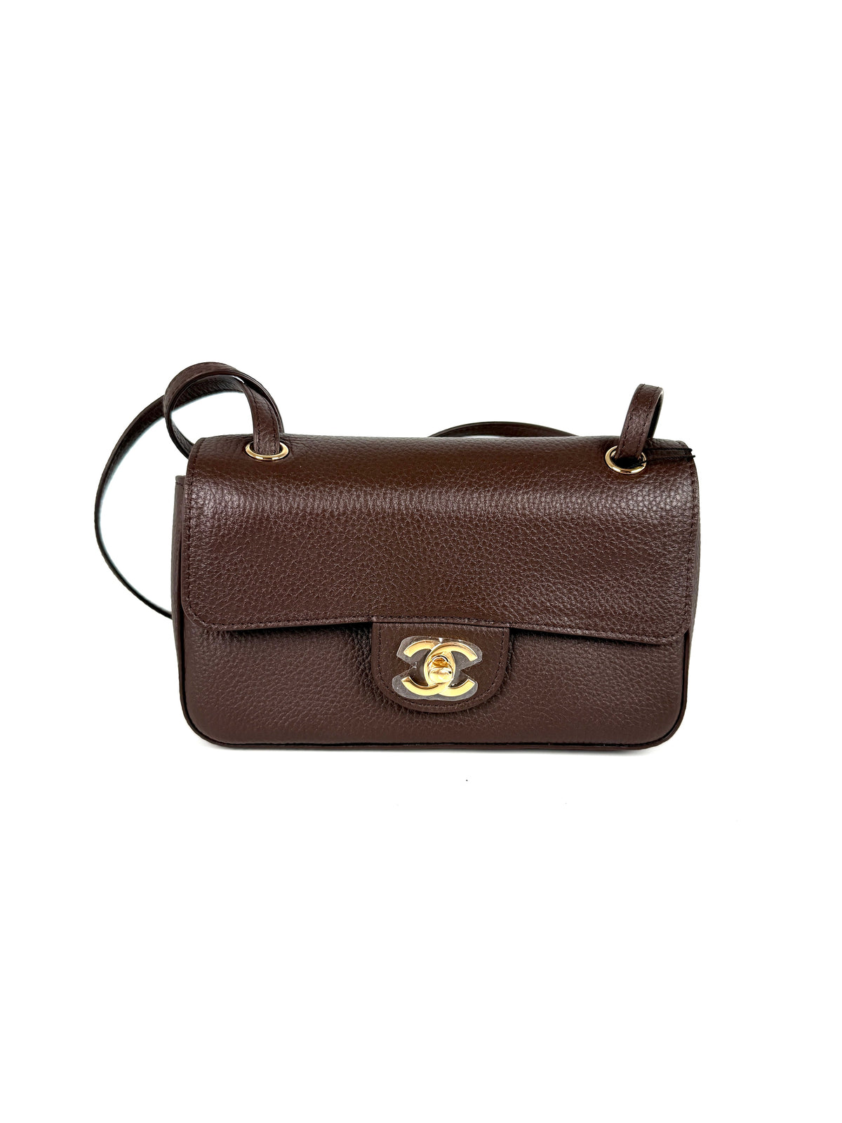 CHANEL Mini Souplissimo Flap Bag Brown Grained Calfskin Leather Gold Hardware Crossbody Bag