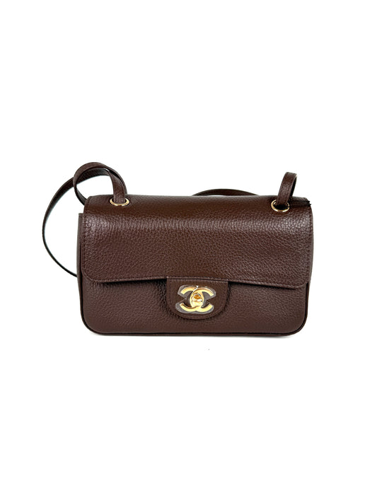 CHANEL Mini Souplissimo Flap Bag Brown Grained Calfskin Leather Gold Hardware Crossbody Bag