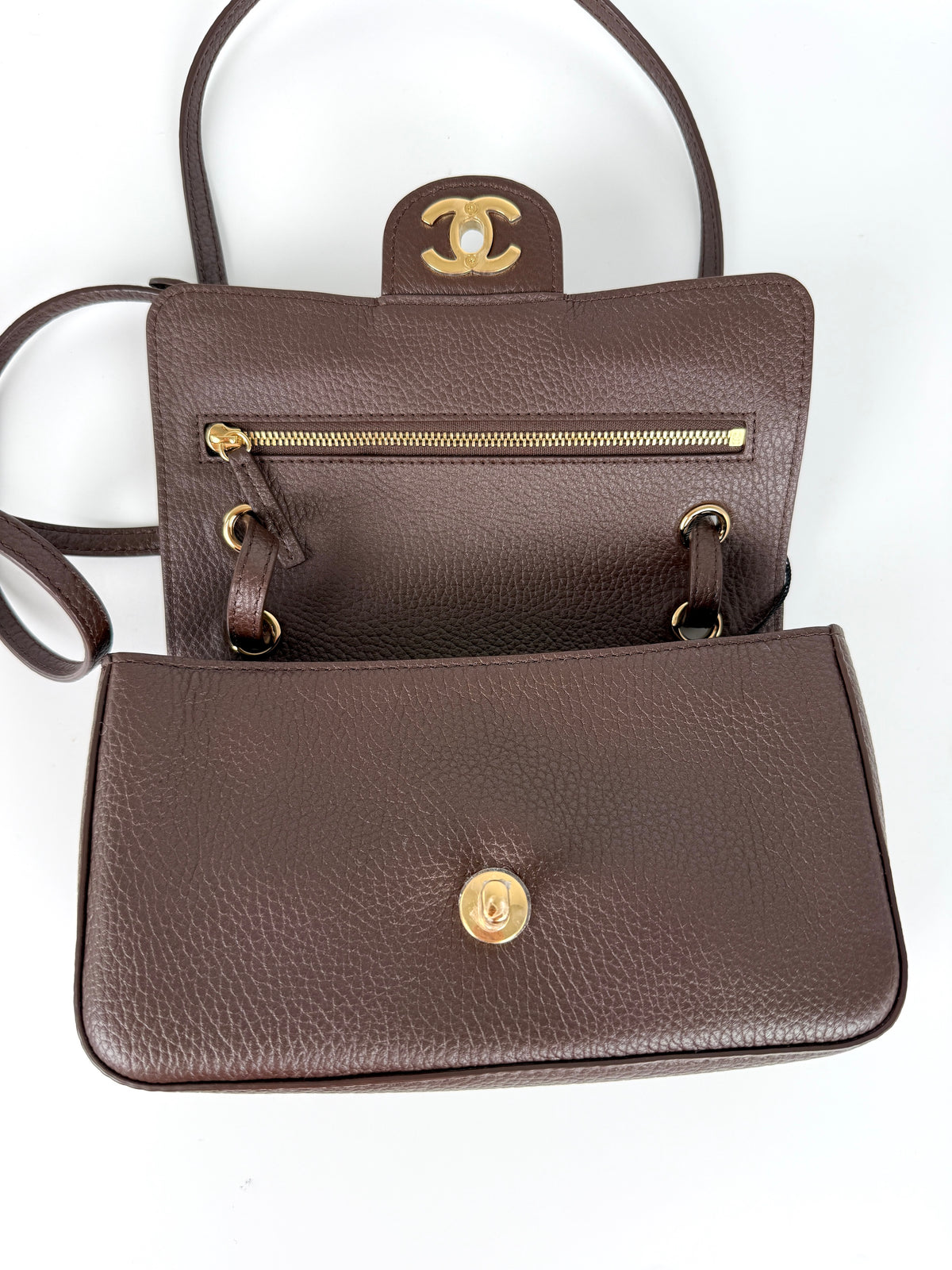 CHANEL Mini Souplissimo Flap Bag Brown Grained Calfskin Leather Gold Hardware Crossbody Bag