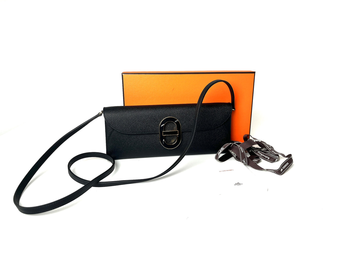 New HERMES Black Gold Chaine D’Ancre Wallet To Go Clutch Crossbody Bag