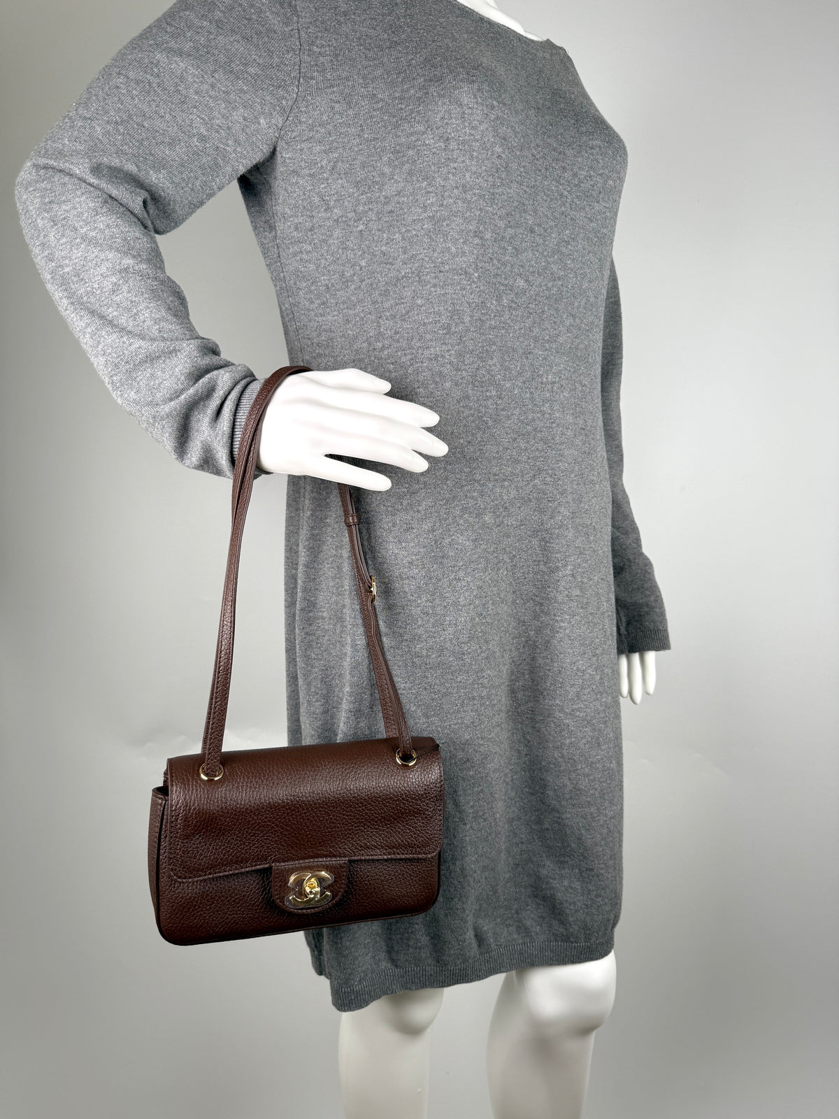 CHANEL Mini Souplissimo Flap Bag Brown Grained Calfskin Leather Gold Hardware Crossbody Bag