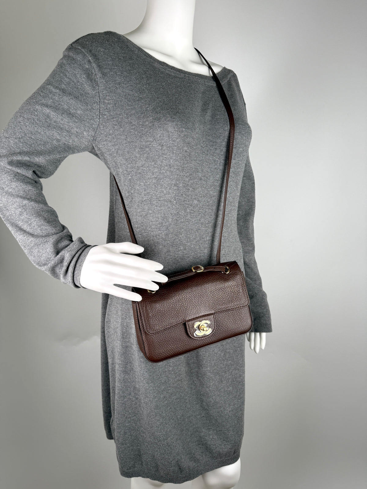 CHANEL Mini Souplissimo Flap Bag Brown Grained Calfskin Leather Gold Hardware Crossbody Bag
